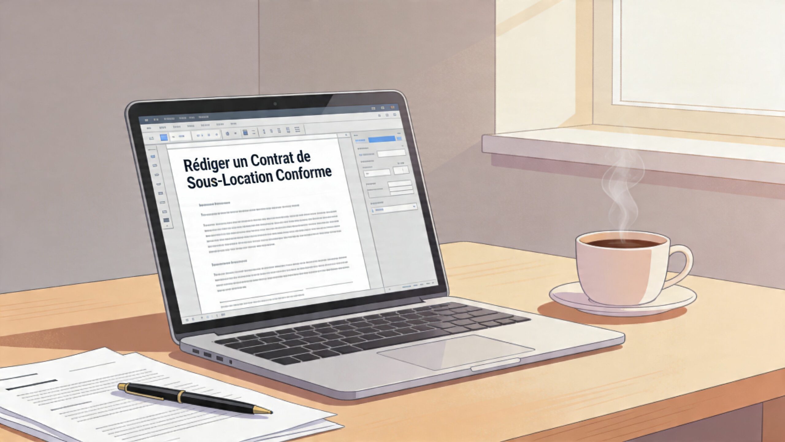Un ordinateur portable affichant un document de sous-location sur un bureau avec une tasse de café fumante.