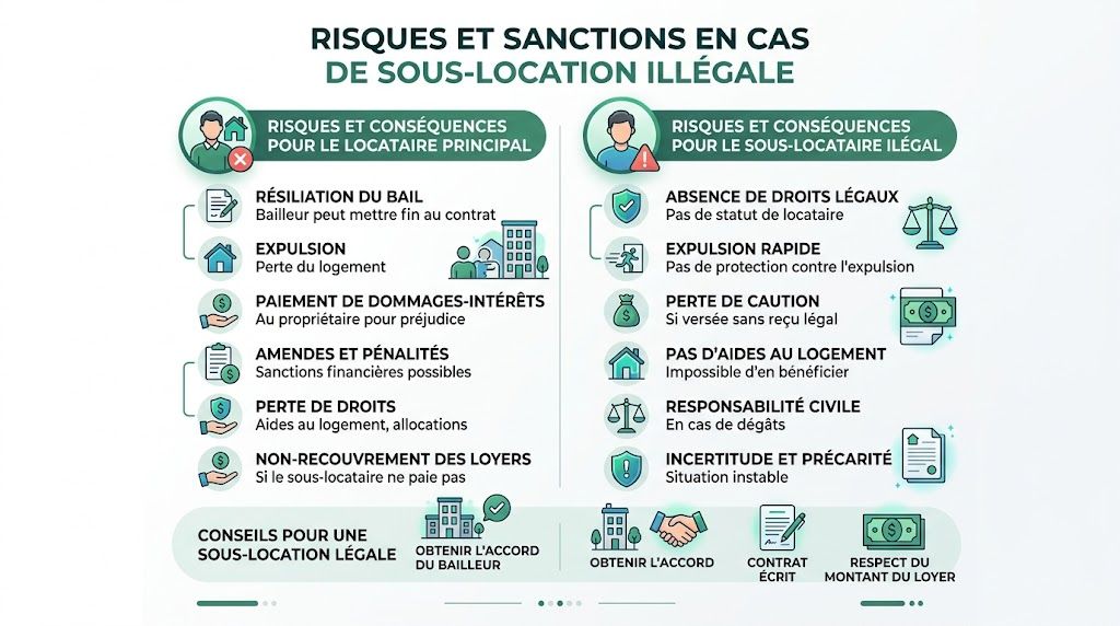 Infographie illustrant les risques et conséquences juridiques d'une sous-location illégale pour le locataire et le sous-locataire.