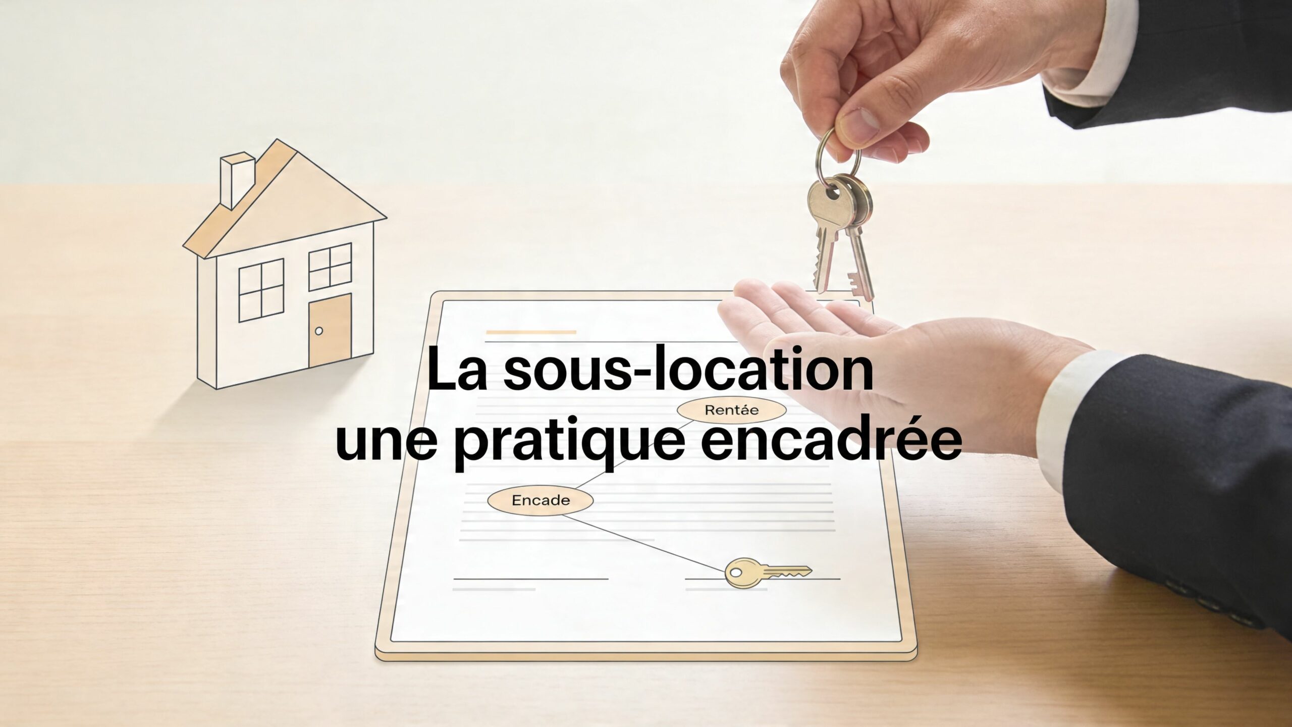 Une main en costume remet des clés au-dessus d'un document écrit sur la sous-location immobilière encadrée.