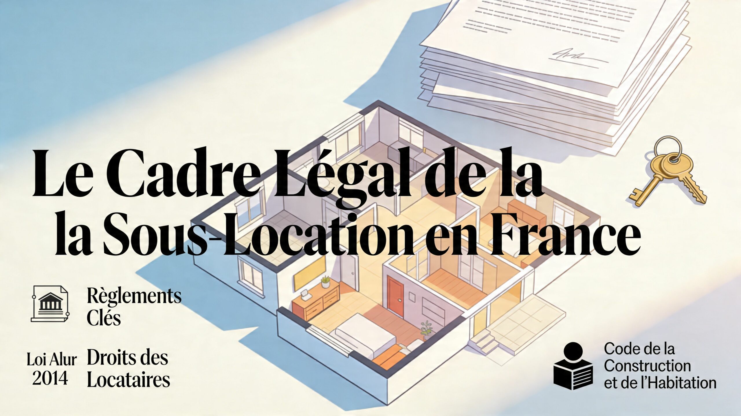 Illustration illustrant le cadre juridique de la sous-location en France avec un plan de maison.