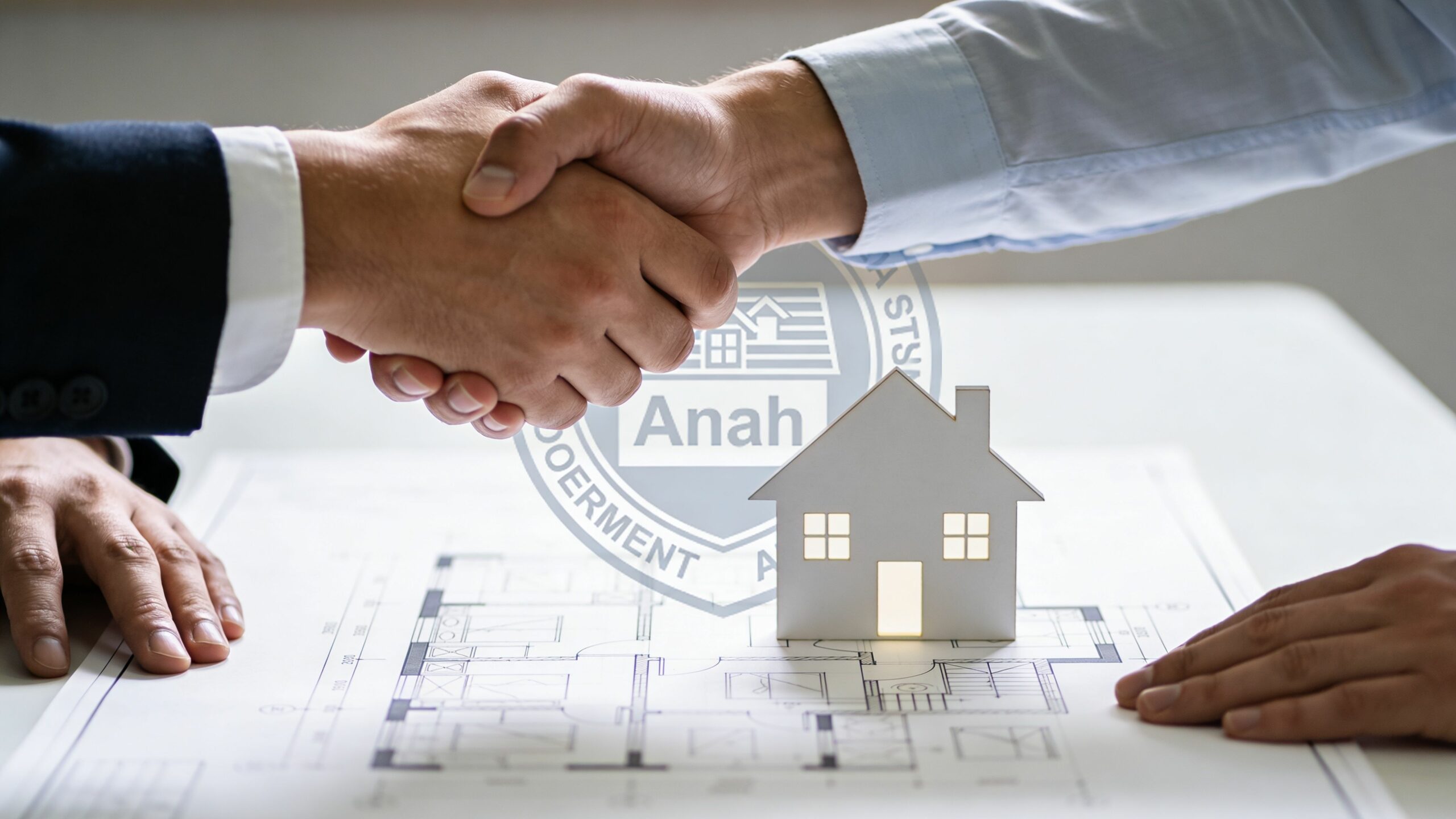 Deux personnes se serrant la main au-dessus d'un plan d'architecte et d'une petite maquette de maison.