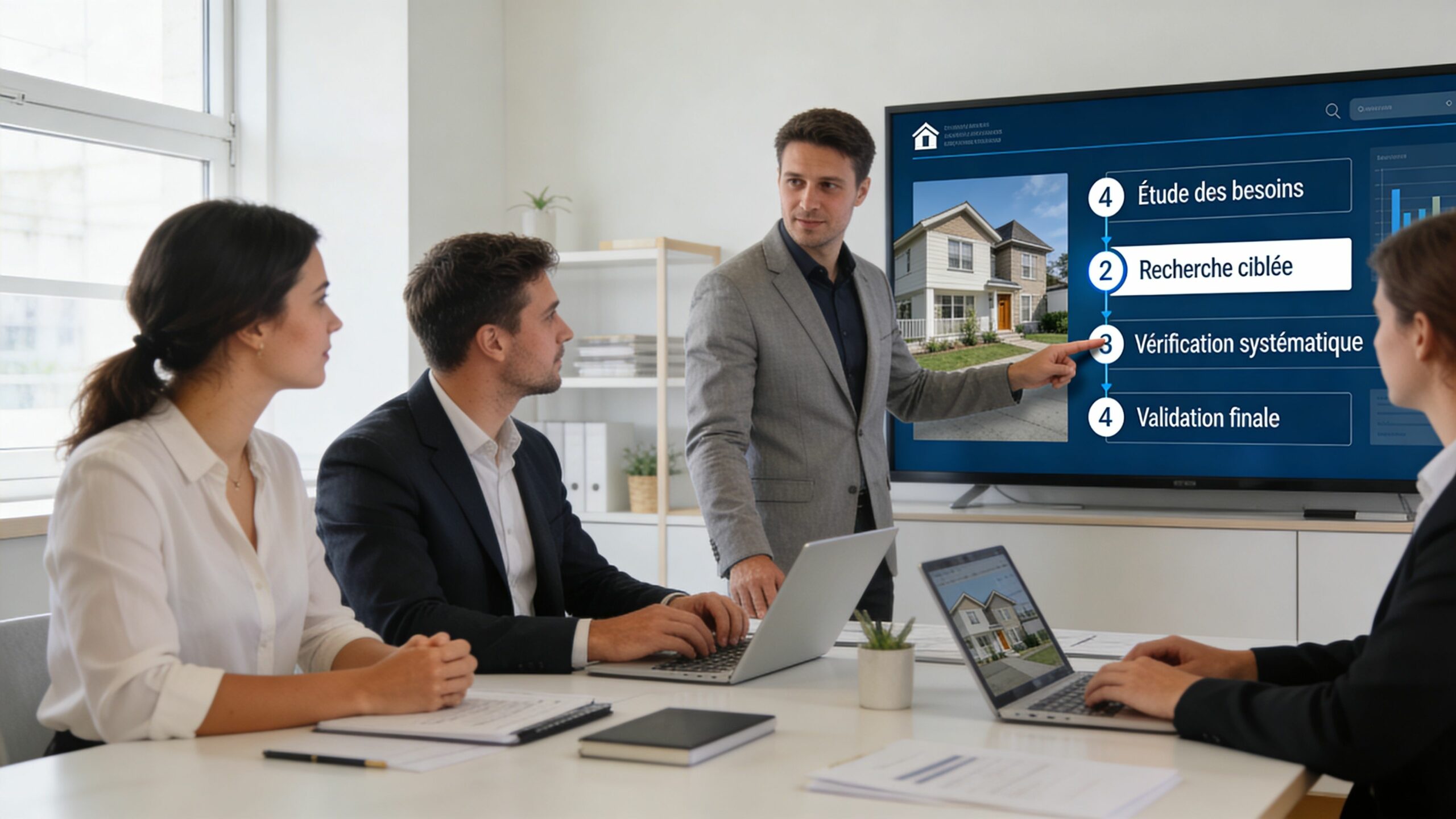 Une réunion de travail en entreprise montrant un homme présentant un processus de recherche immobilière à ses collègues.