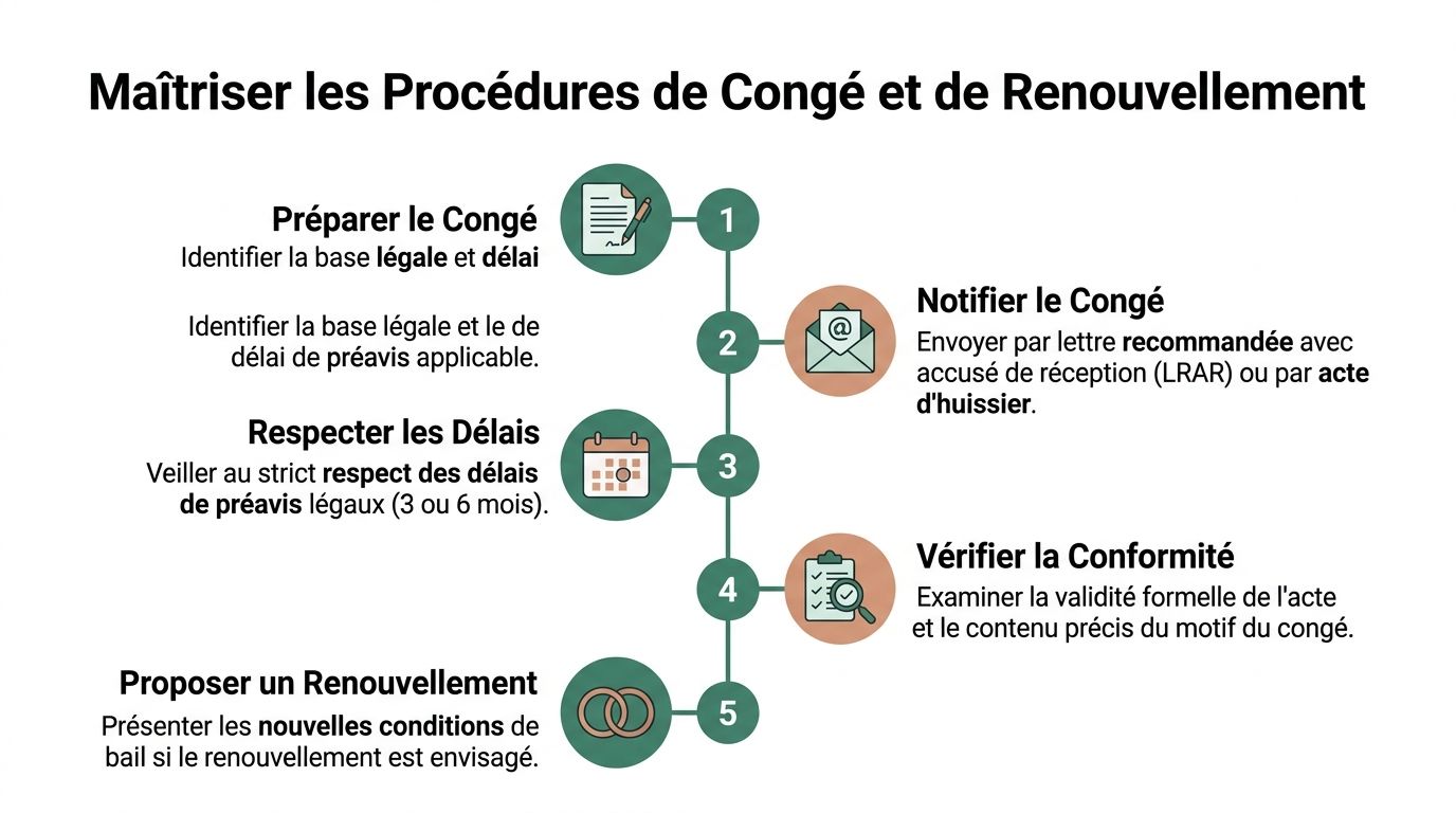 Infographie détaillant les cinq étapes clés pour maîtriser les procédures de congé et de renouvellement de bail.
