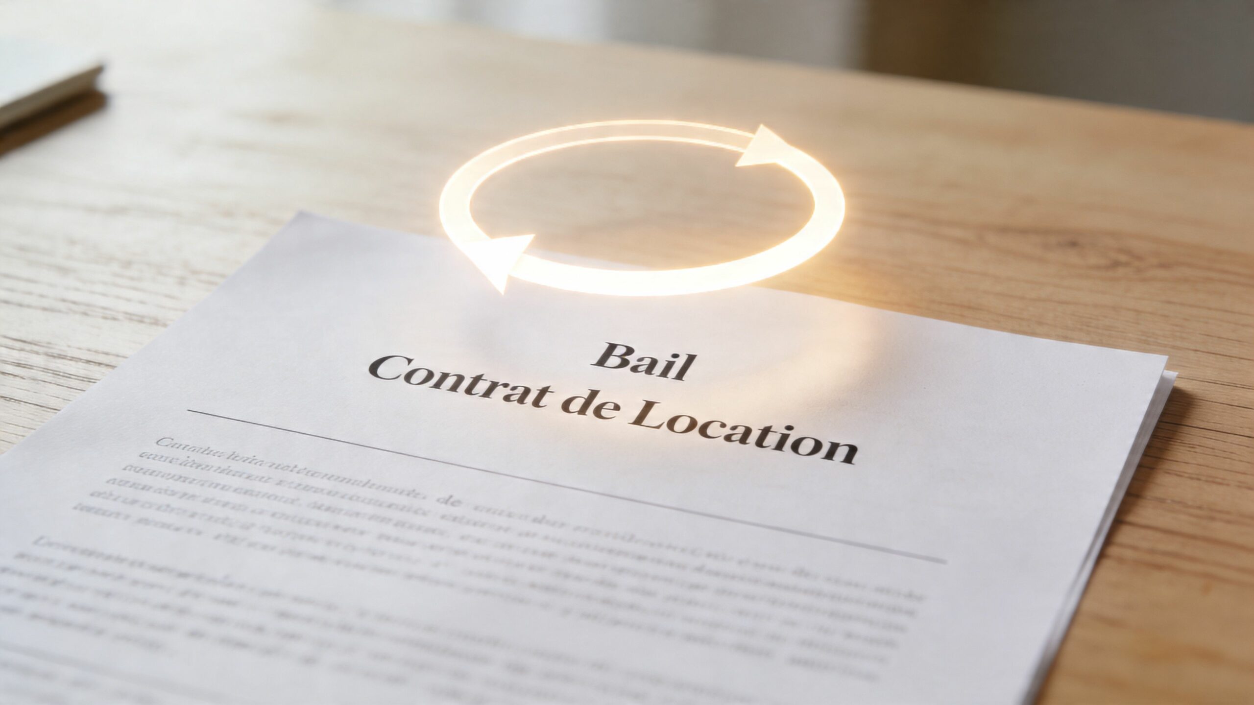 Un document de bail ou contrat de location posé sur une table en bois avec un symbole circulaire lumineux.