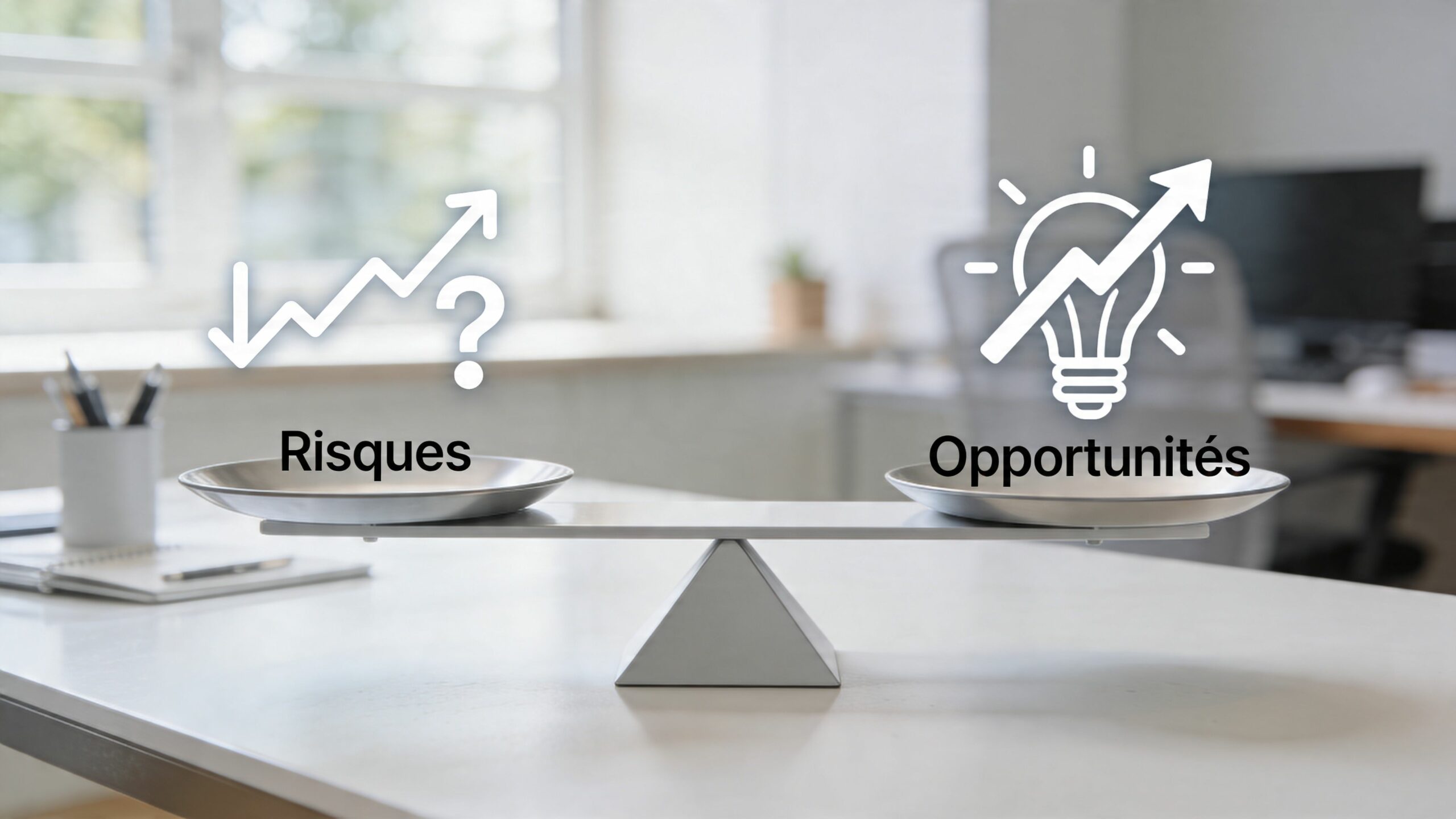 Une balance sur une table de bureau illustrant l'équilibre entre les risques incertains et les opportunités innovantes.