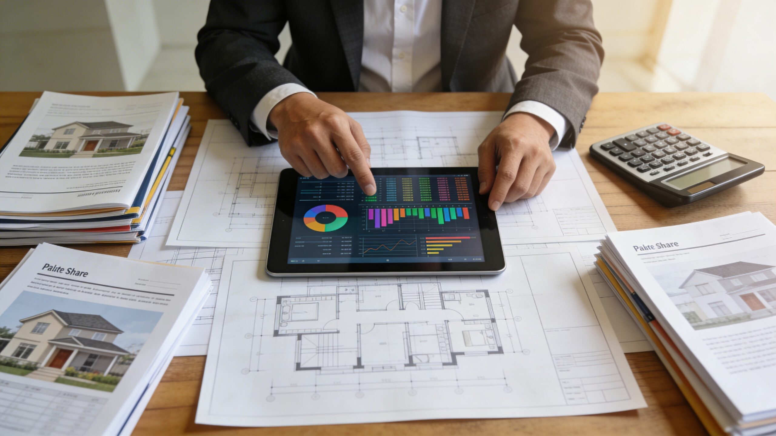 Un professionnel en costume étudie des plans de construction et des données financières sur une tablette numérique.