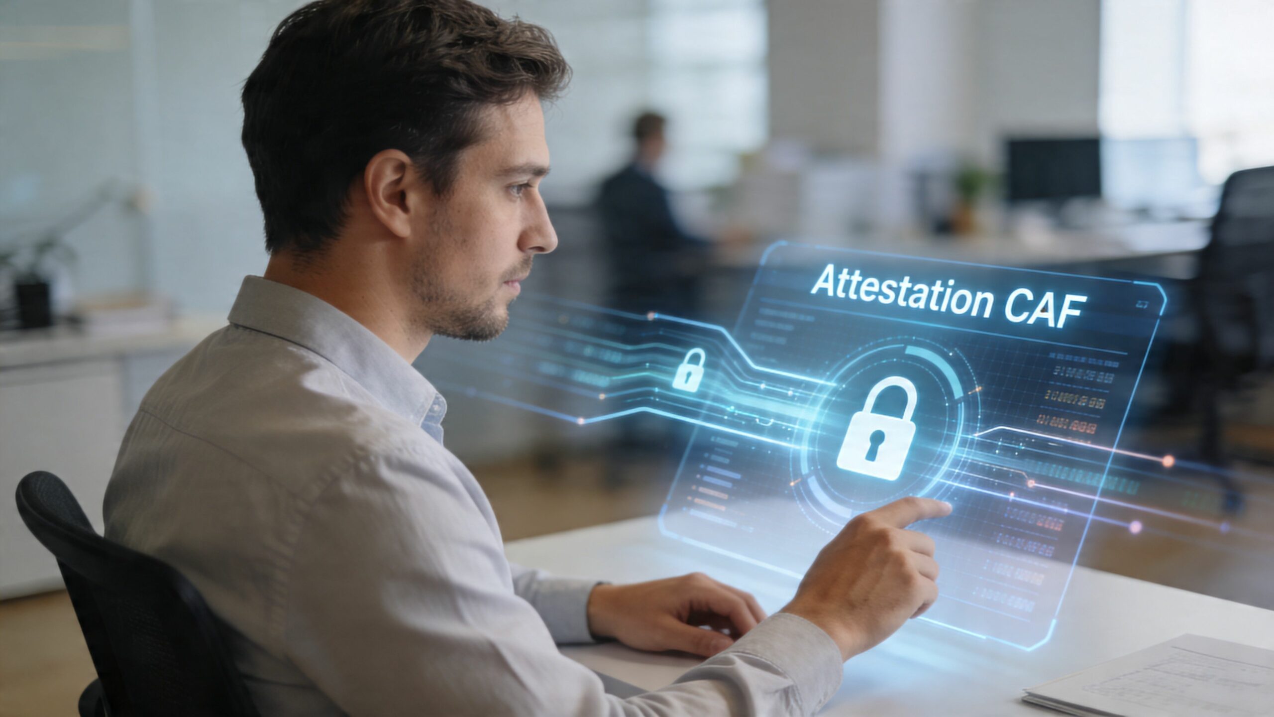 Un professionnel travaillant sur une interface numérique holographique affichant le concept de sécurité Attestation CAF dans un bureau.