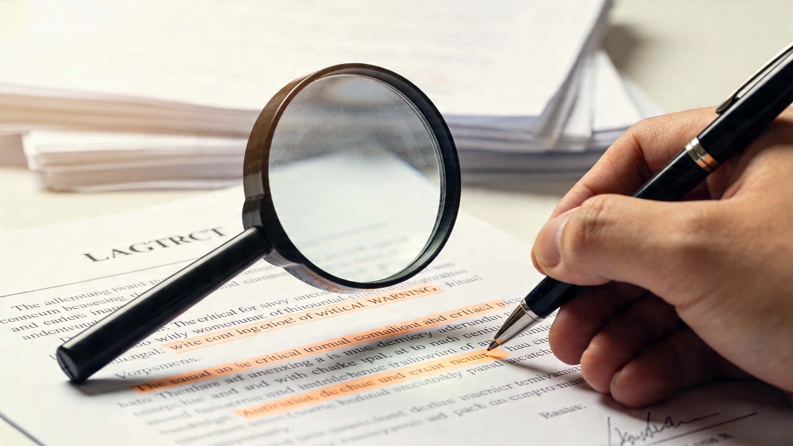 Une main tient un stylo pour signer un contrat de location avec une loupe posée dessus.