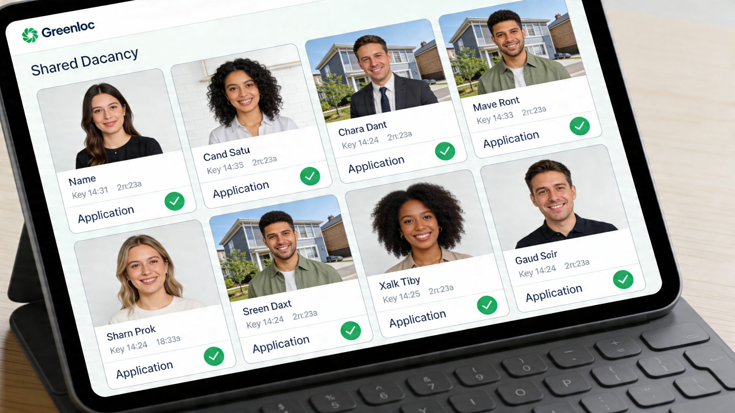 Tablette affichant une interface Greenloc avec une liste de profils de candidats pour une colocation en ligne.