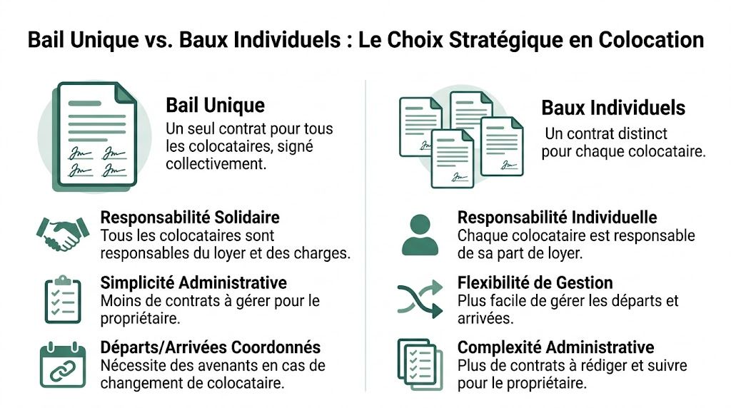 Comparaison entre le bail unique et les baux individuels pour une stratégie efficace en colocation.