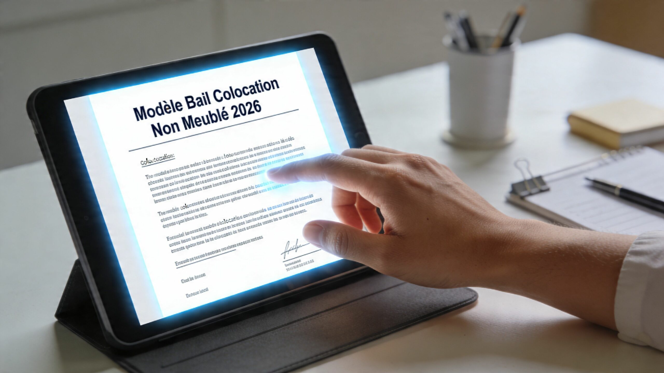 Une personne consulte un modèle de bail de colocation non meublé sur une tablette numérique au bureau.