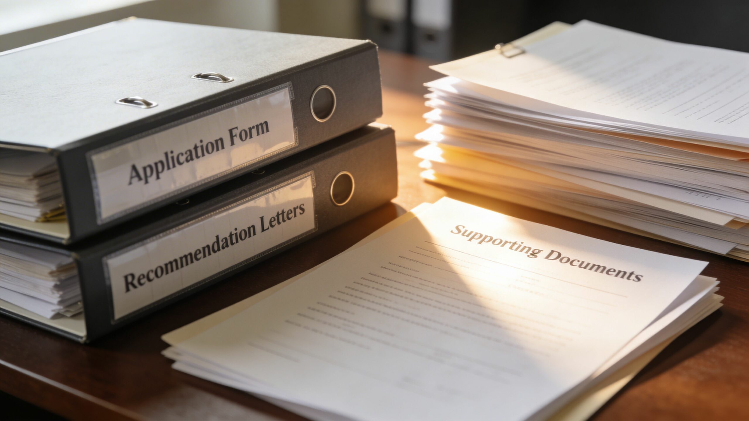 Des dossiers empilés et des documents éparpillés sur un bureau, symbolisant la préparation d'une demande administrative formelle.