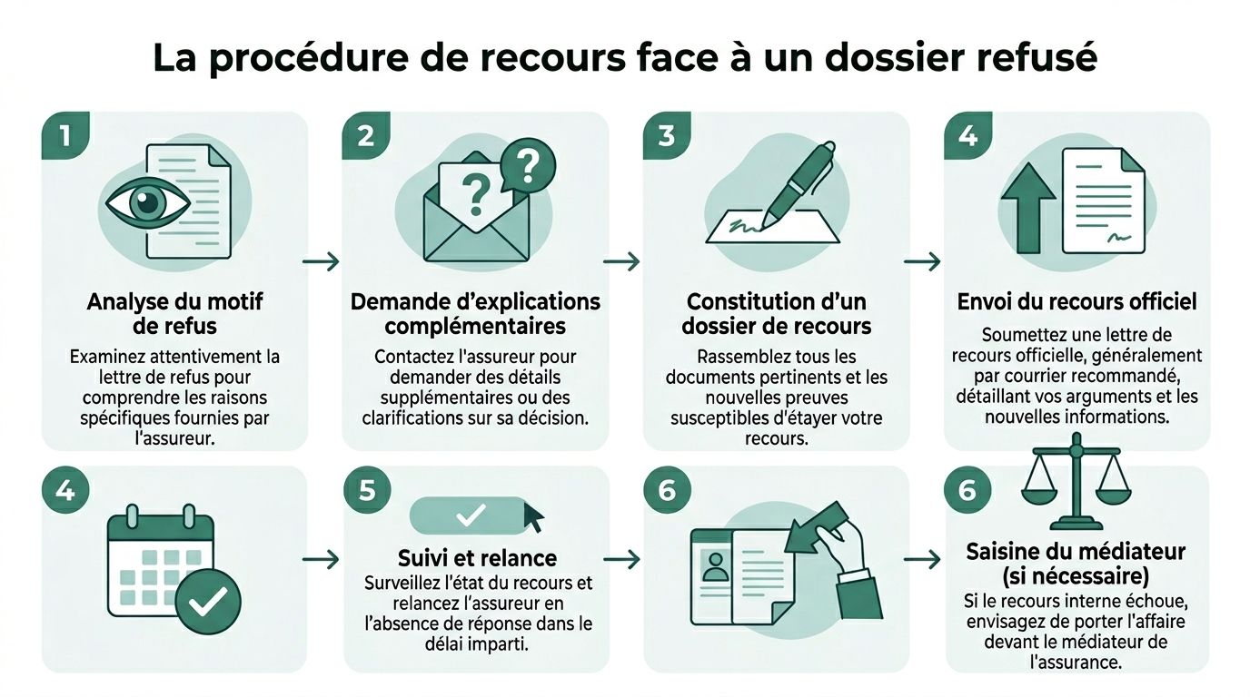 Infographie montrant les six étapes clés pour contester un refus de dossier auprès de votre assurance.