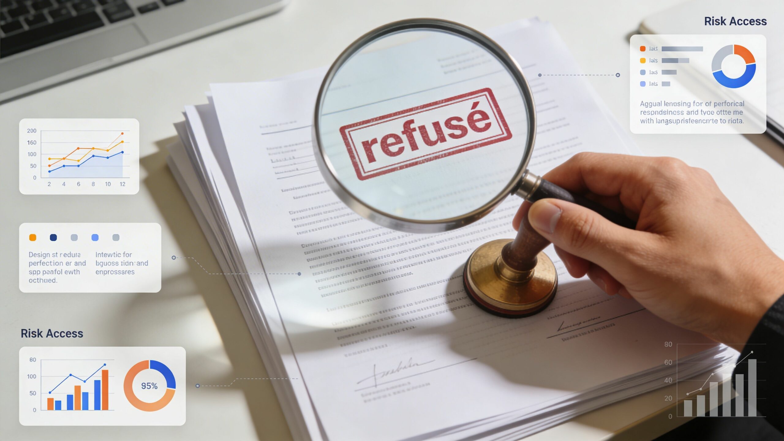 Une main tenant une loupe au-dessus d'un dossier administratif portant le cachet rouge refusé avec des graphiques.