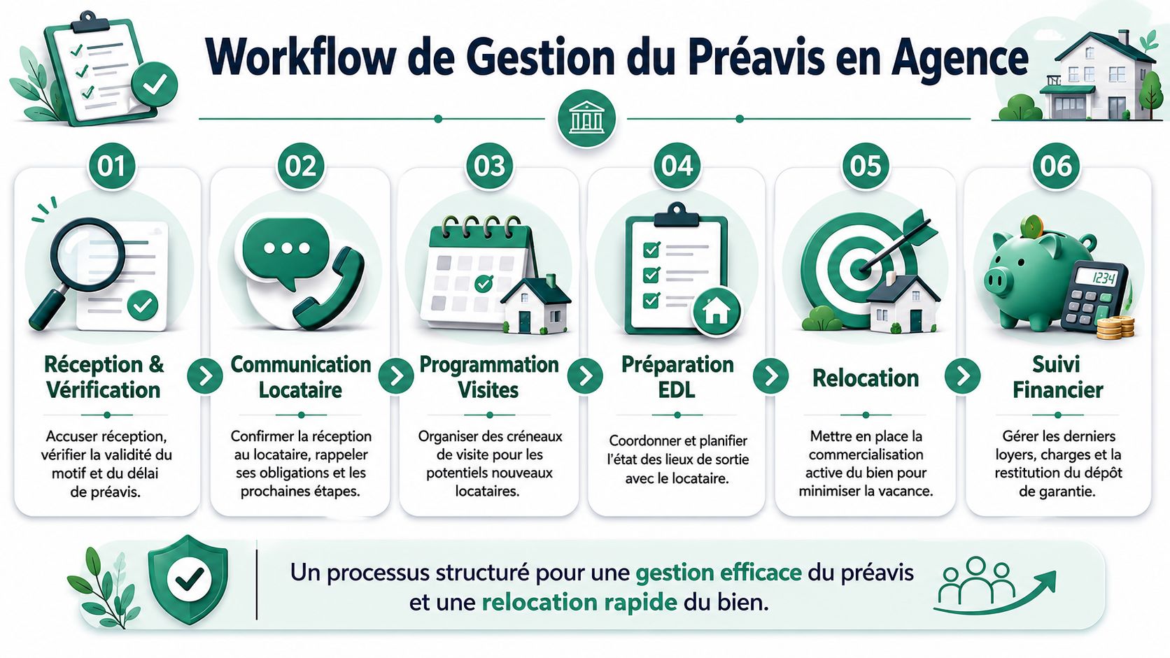Schéma illustrant le processus structuré de gestion du préavis en agence immobilière, de la réception à la relocation.