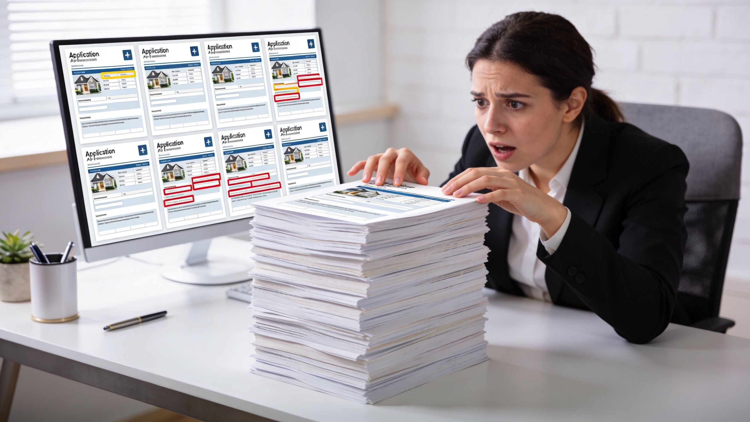 Une femme d'affaires stressée devant un immense tas de documents administratifs avec des formulaires sur écran.