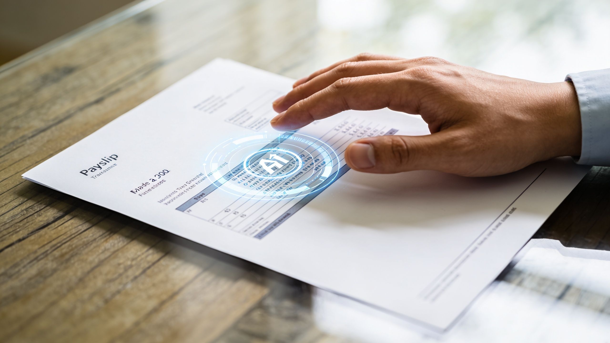 Une main posée sur une fiche de paie avec une icône numérique d'intelligence artificielle projetée au-dessus.