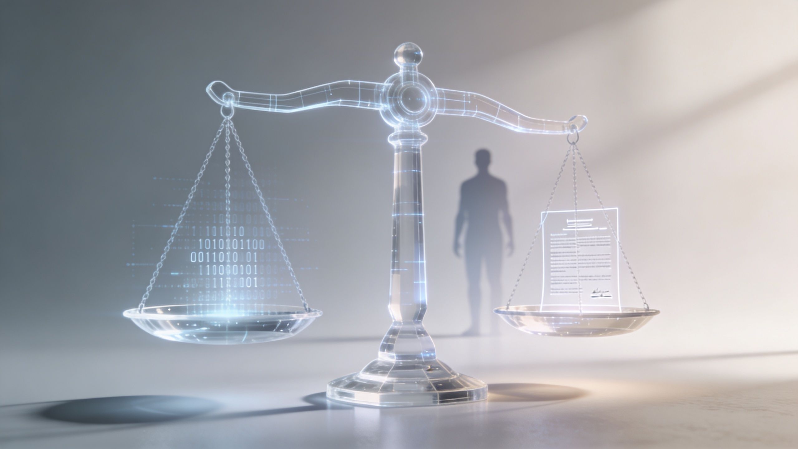 Une balance de justice numérique équilibrant des données binaires et un document juridique avec une silhouette humaine.