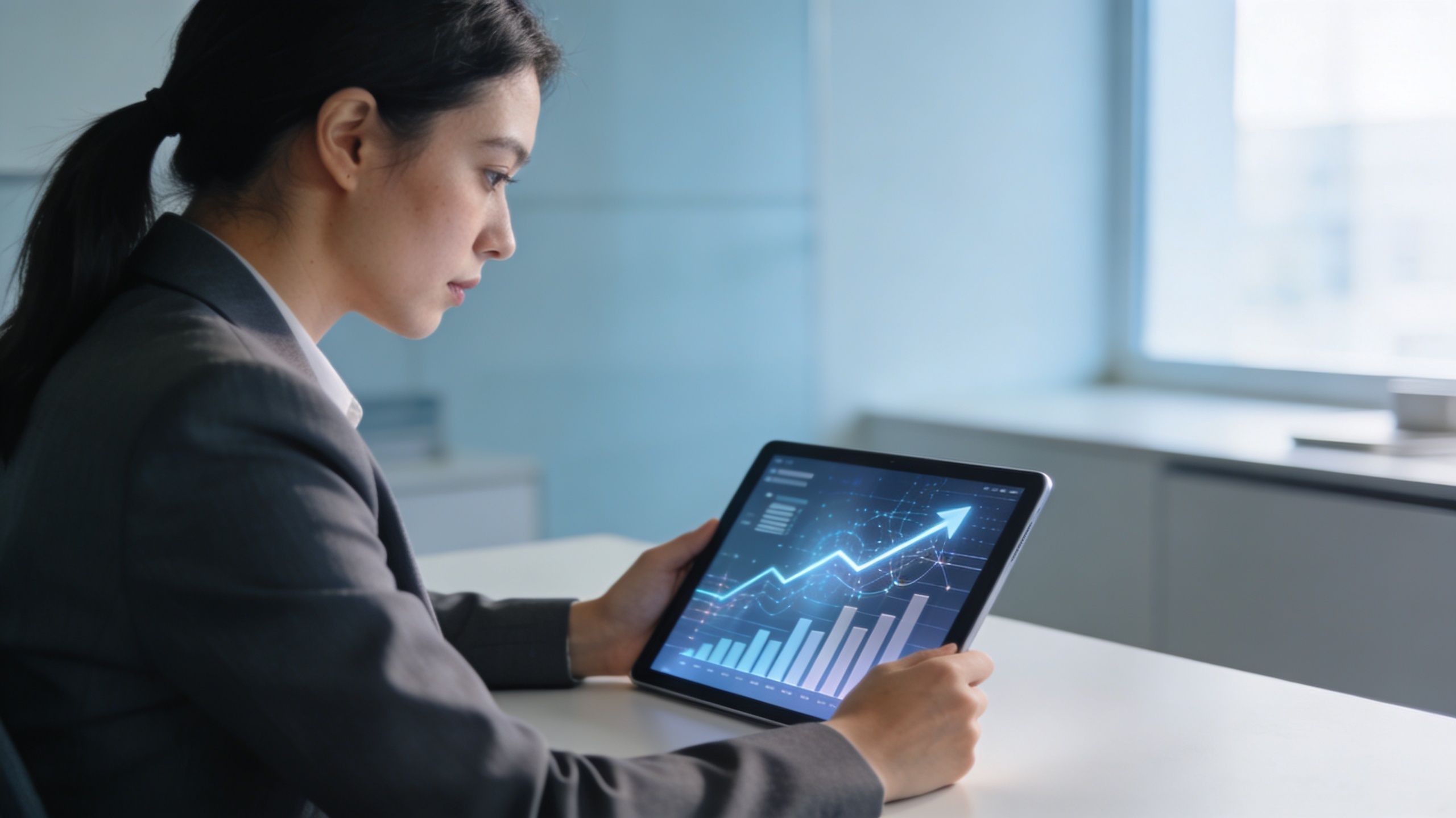 Une femme d'affaires analyse des données financières en utilisant une tablette numérique avec un graphique de croissance.