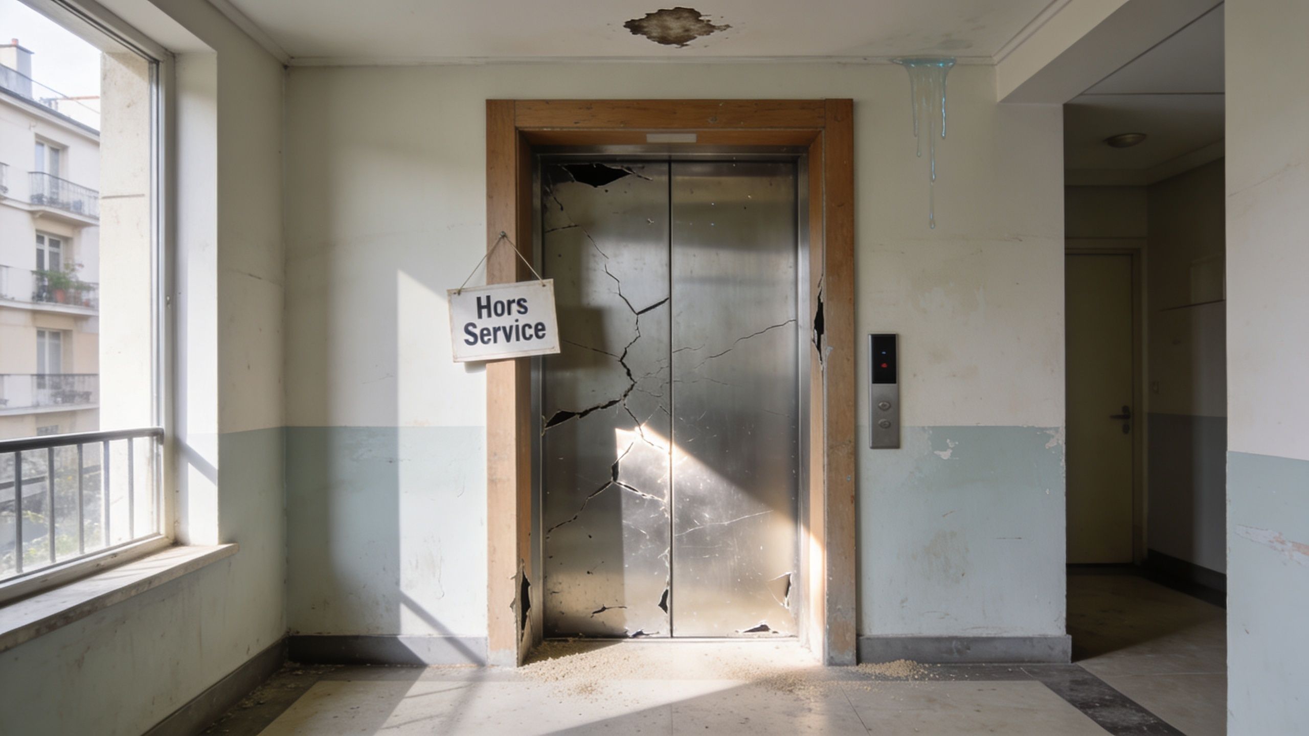 Un ascenseur cassé avec une pancarte hors service dans un couloir d'immeuble vétuste en France