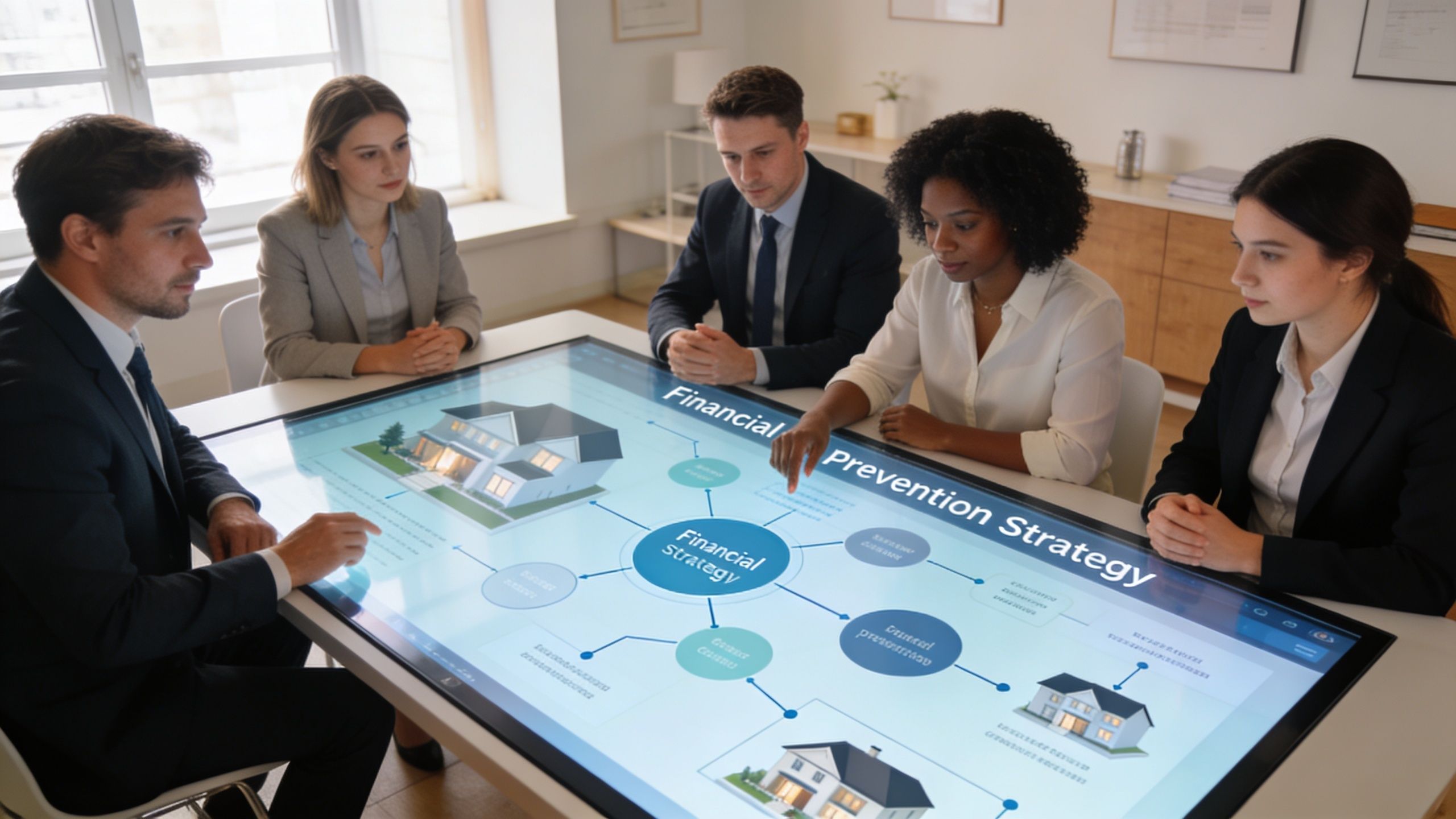 Une équipe de professionnels en réunion autour d'une table tactile analysant une stratégie financière immobilière.