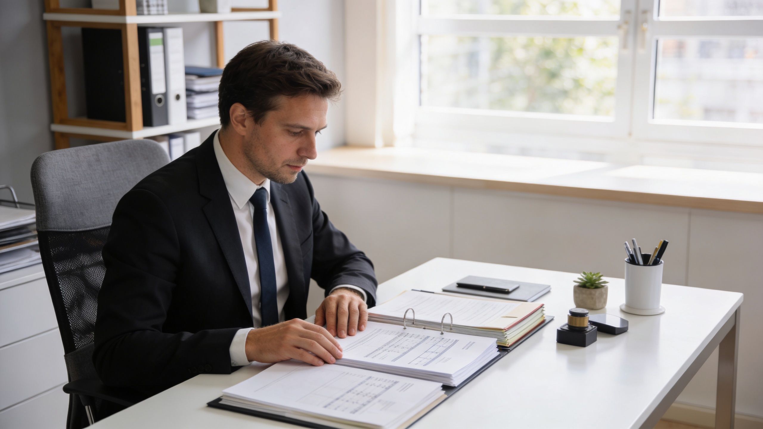 Un avocat en costume examinant des documents financiers dans un bureau lumineux et professionnel avec des dossiers.