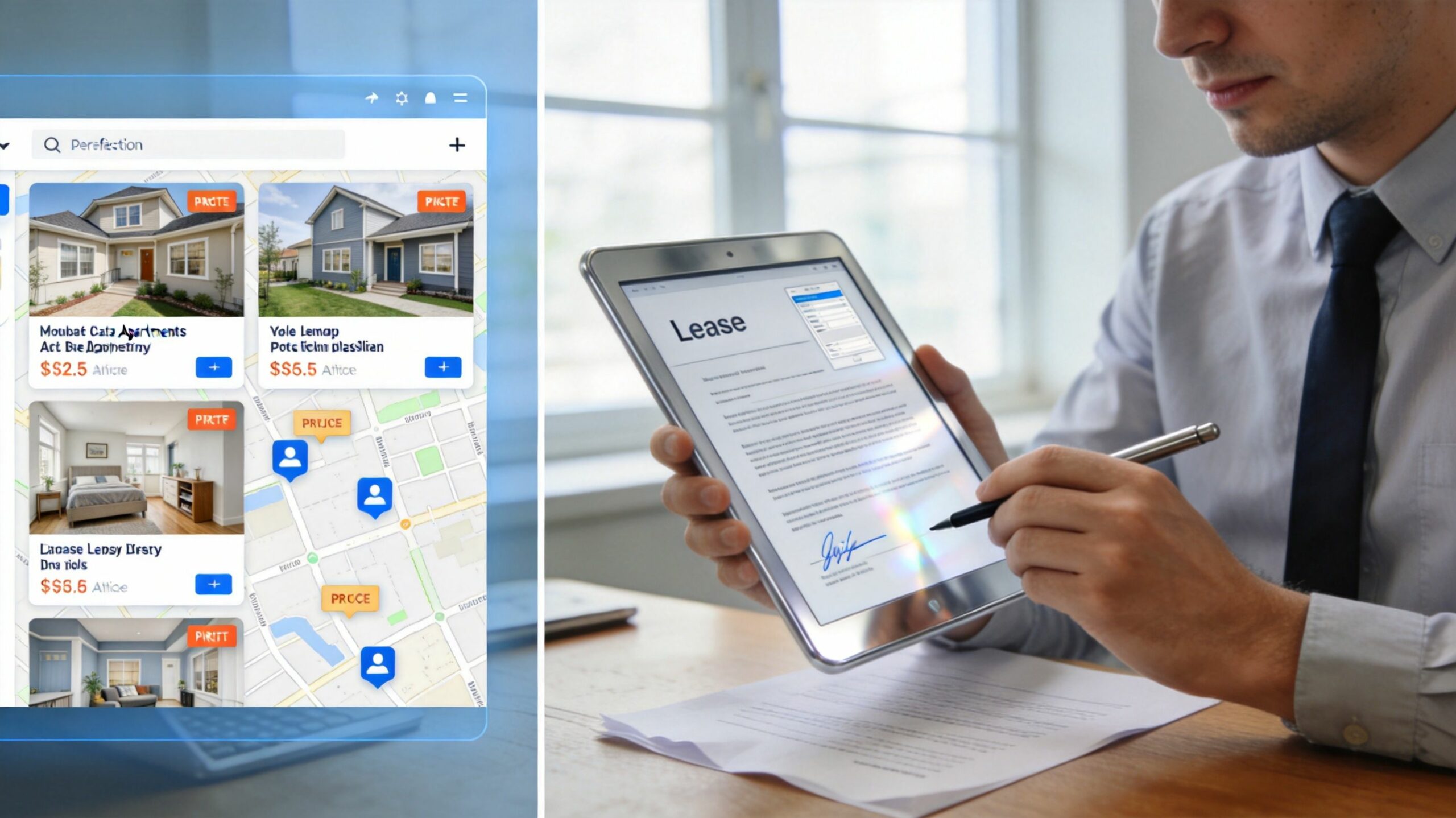 Un homme d'affaires signant numériquement un contrat de bail sur une tablette avec une application immobilière ouverte.