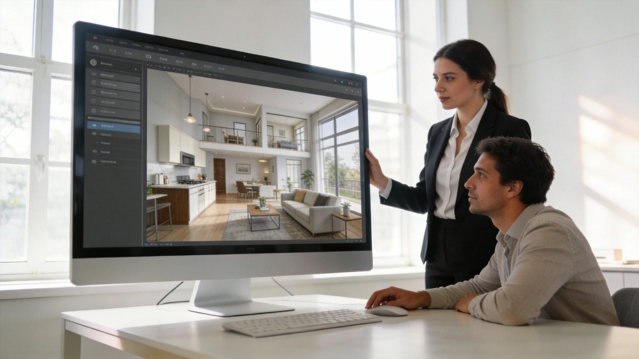 Une professionnelle et un client examinant un projet de design d'intérieur sur un grand écran d'ordinateur.