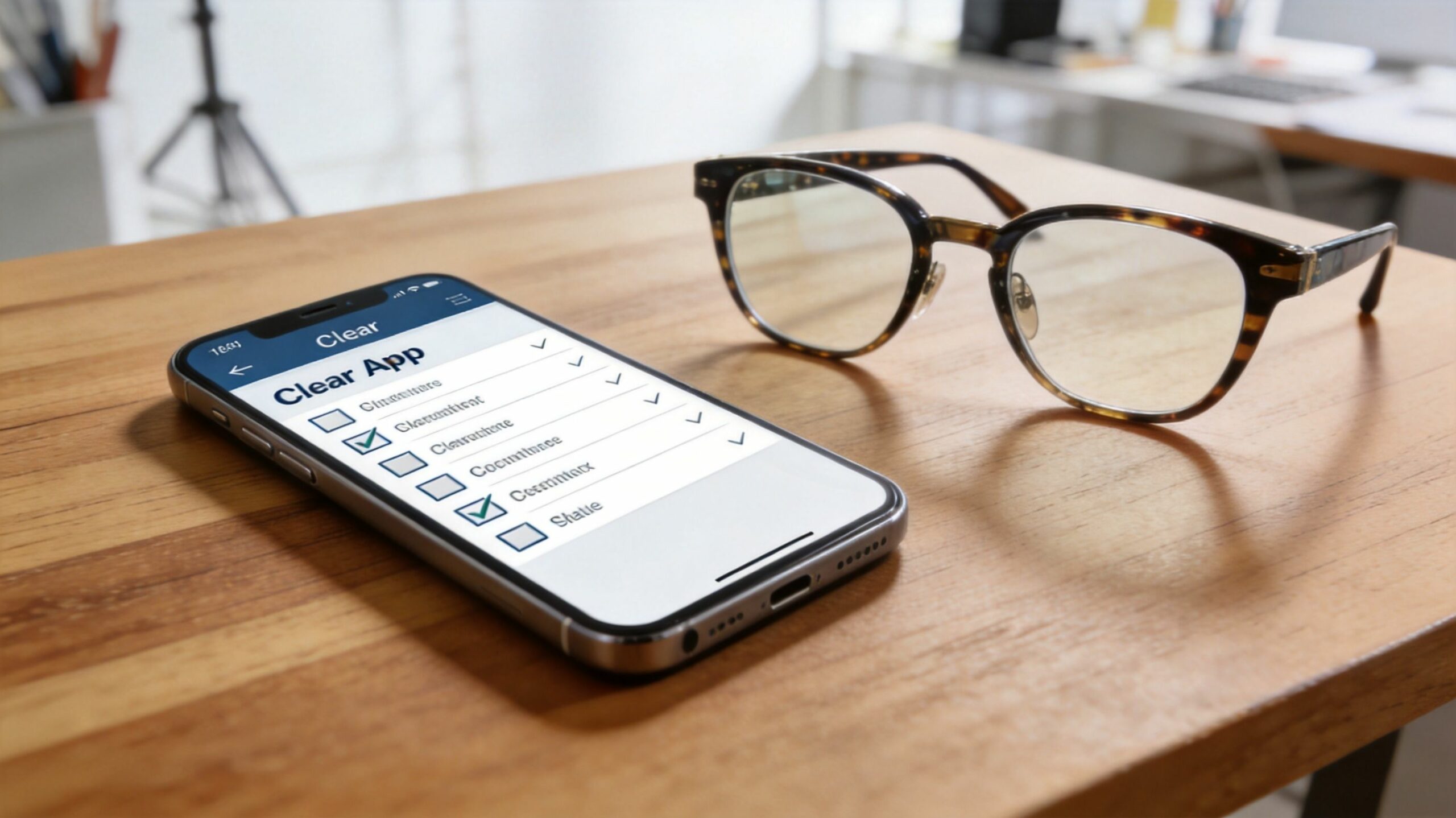 Un smartphone affichant une application de liste de tâches posé sur une table en bois avec des lunettes.