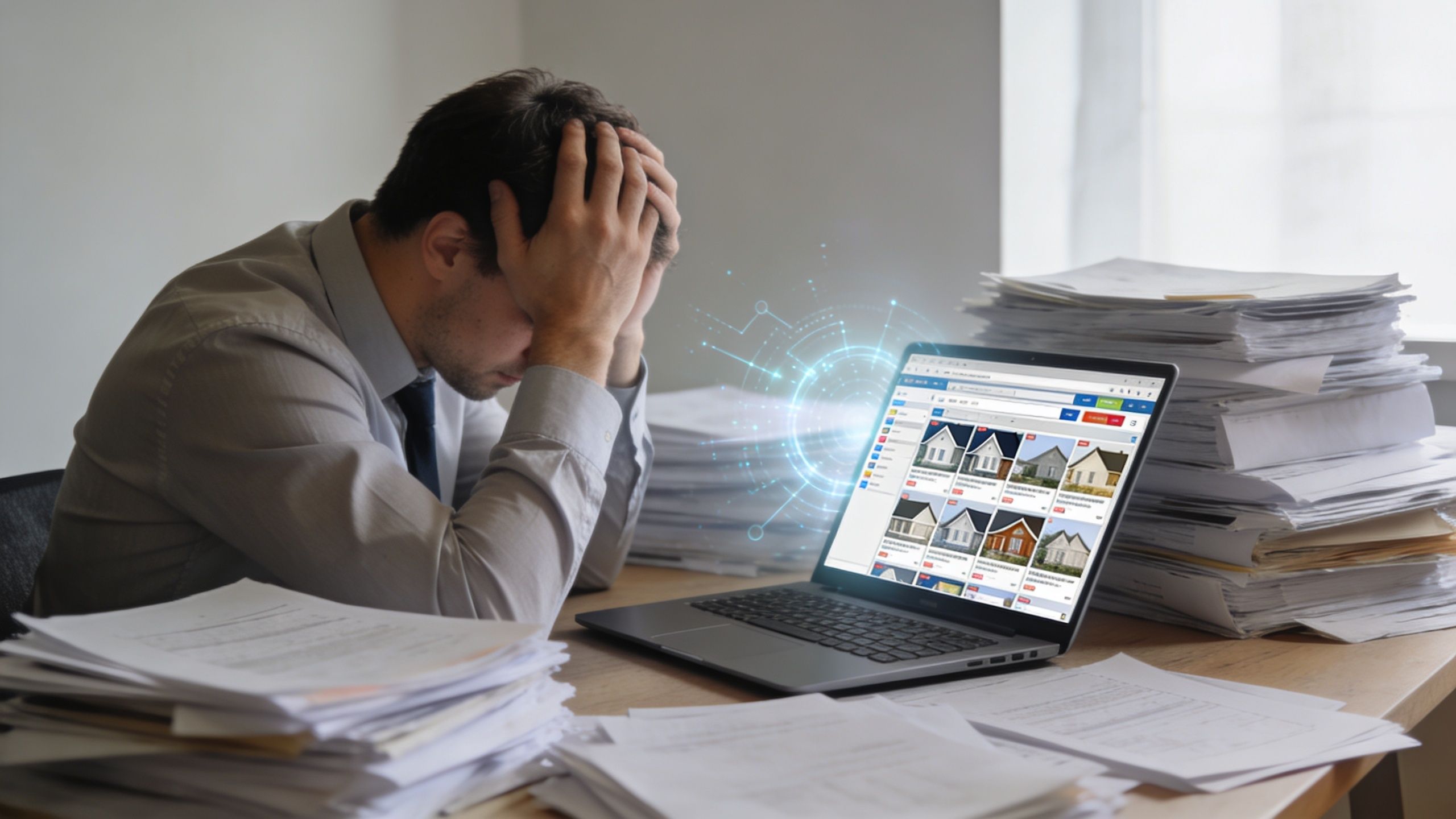Un homme stressé devant son ordinateur portable entouré de nombreuses piles de documents de travail.