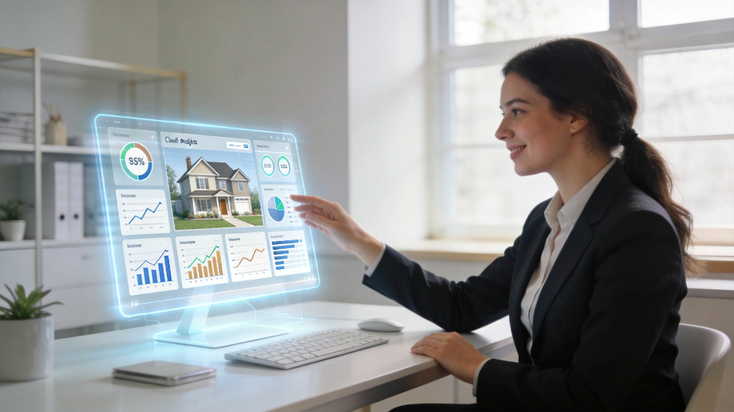 Une femme d'affaires utilisant une interface holographique futuriste affichant des données immobilières et des graphiques d'analyse.