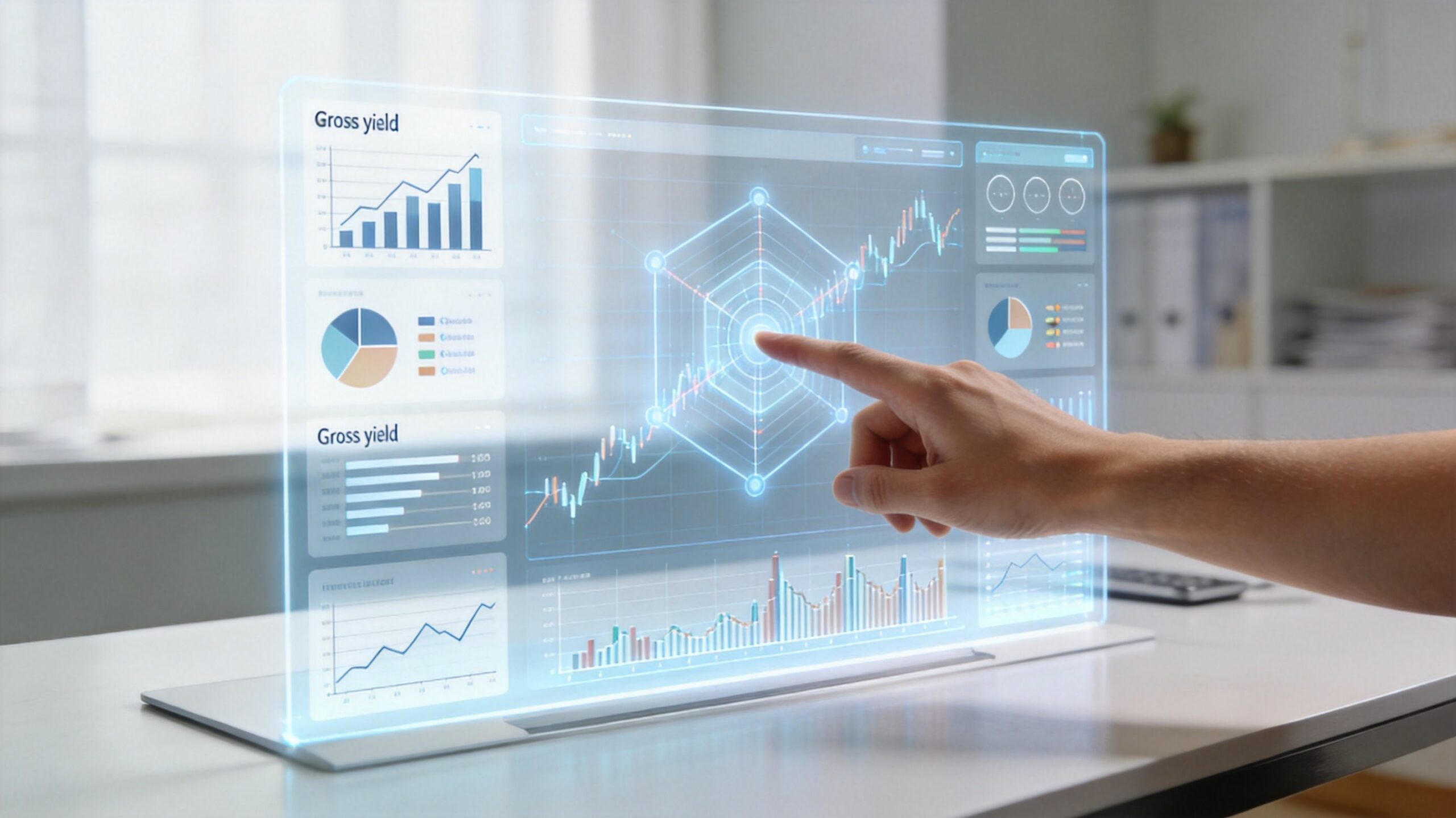 Une personne utilisant un écran holographique interactif affichant des données financières et des graphiques de performance boursière.