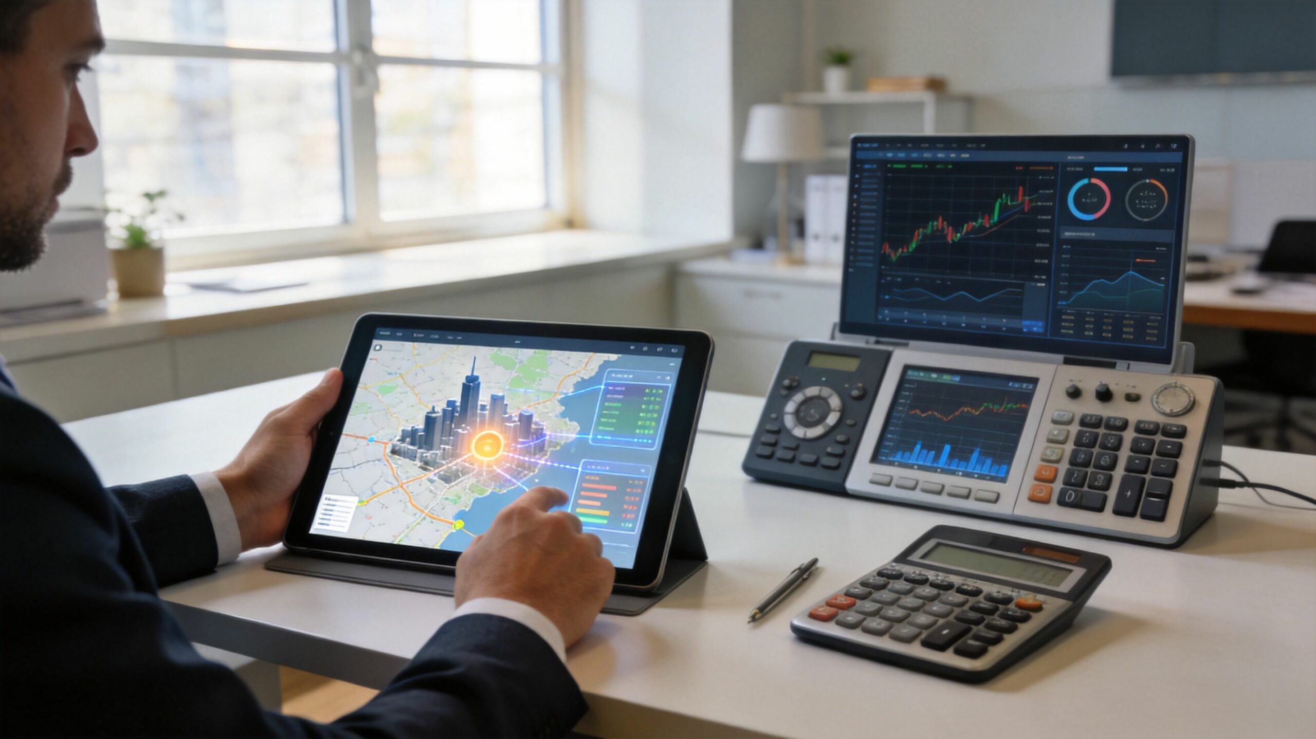 Un professionnel en costume analysant des données immobilières sur une tablette numérique avec une carte interactive.