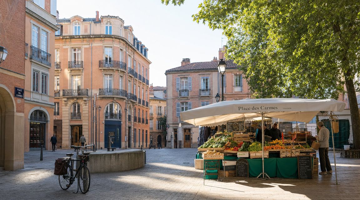 Place des Carmes à Toulouse avec son marché en plein air devant des immeubles historiques en brique.