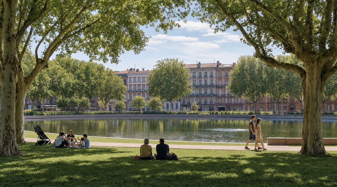 Des gens se détendent sur la pelouse devant le grand bassin du Jardin des Plantes à Toulouse.
