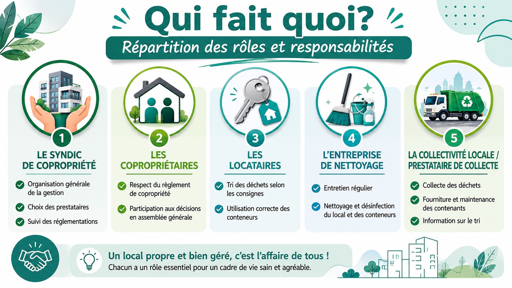 Infographie illustrant la répartition des rôles et responsabilités pour la gestion des déchets dans un immeuble collectif.