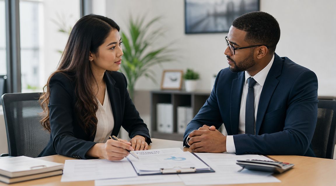 Une femme et un homme d'affaires discutent de documents financiers lors d'une réunion professionnelle au bureau.