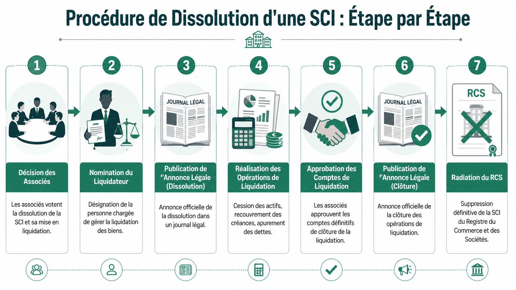 Infographie illustrant les sept étapes clés de la procédure de dissolution et de liquidation d'une société civile immobilière.