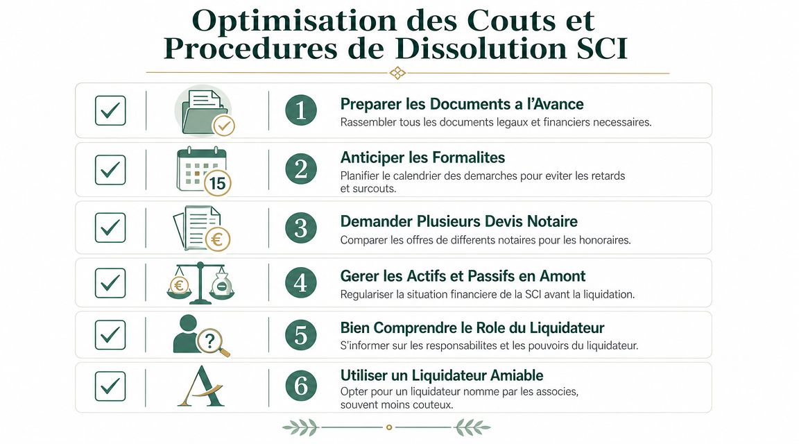 Une infographie présentant six étapes clés pour optimiser les coûts et les procédures de dissolution d'une SCI.