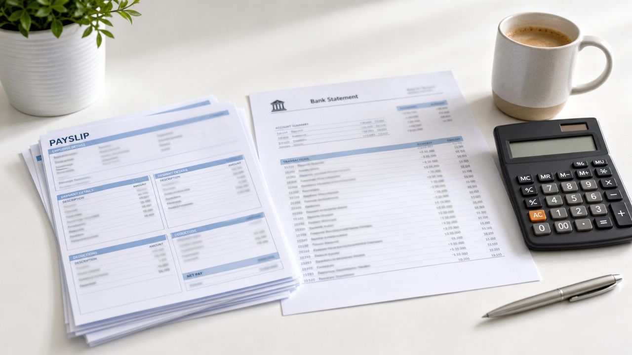 Une vue de dessus de documents financiers, un bulletin de paie, un relevé bancaire, une calculatrice et un stylo.