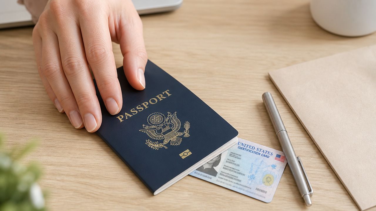 Une main posée sur un passeport américain et une carte d'identité sur une table en bois clair.