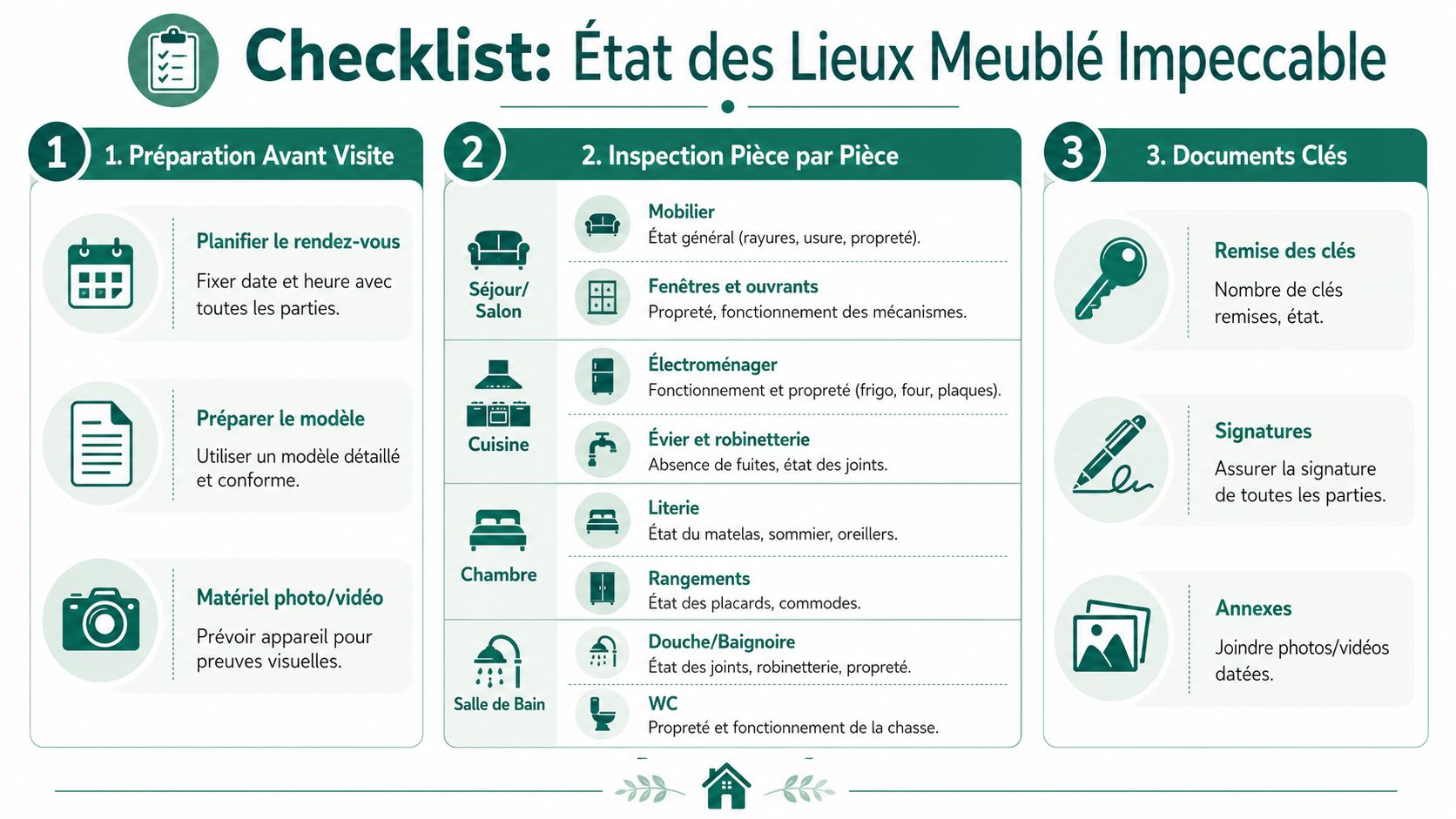 Une infographie détaillée présentant la checklist pour réaliser un état des lieux complet d'un logement meublé.