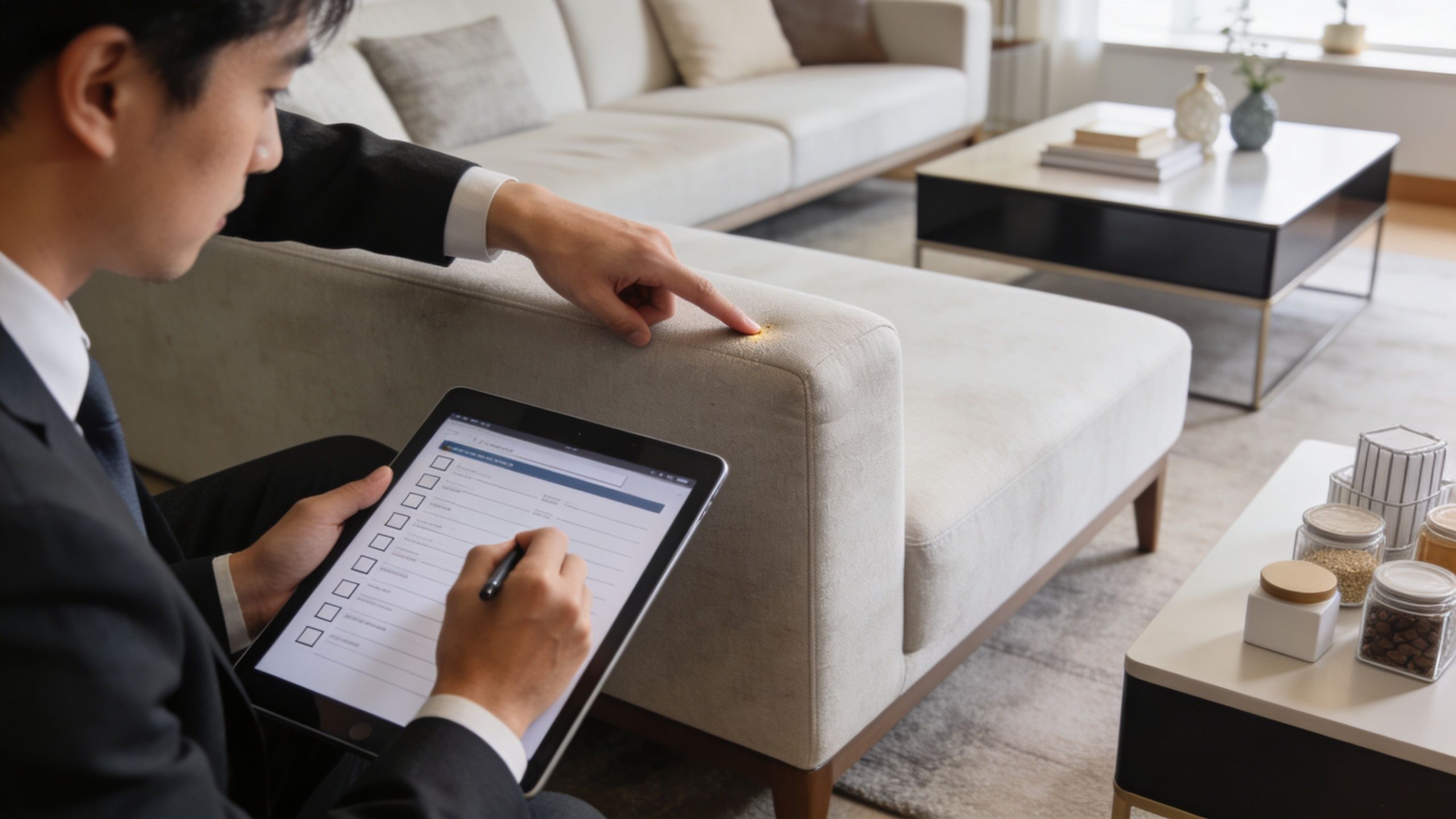 Un professionnel en costume inspectant un canapé beige avec une tablette numérique pour un état des lieux.