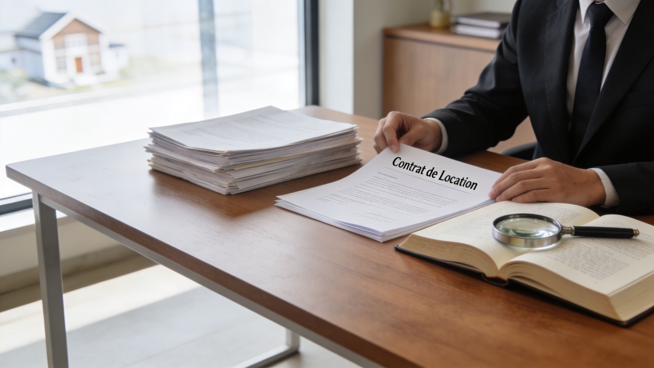 Un avocat en costume ajuste un contrat de location sur un bureau en bois avec des dossiers.