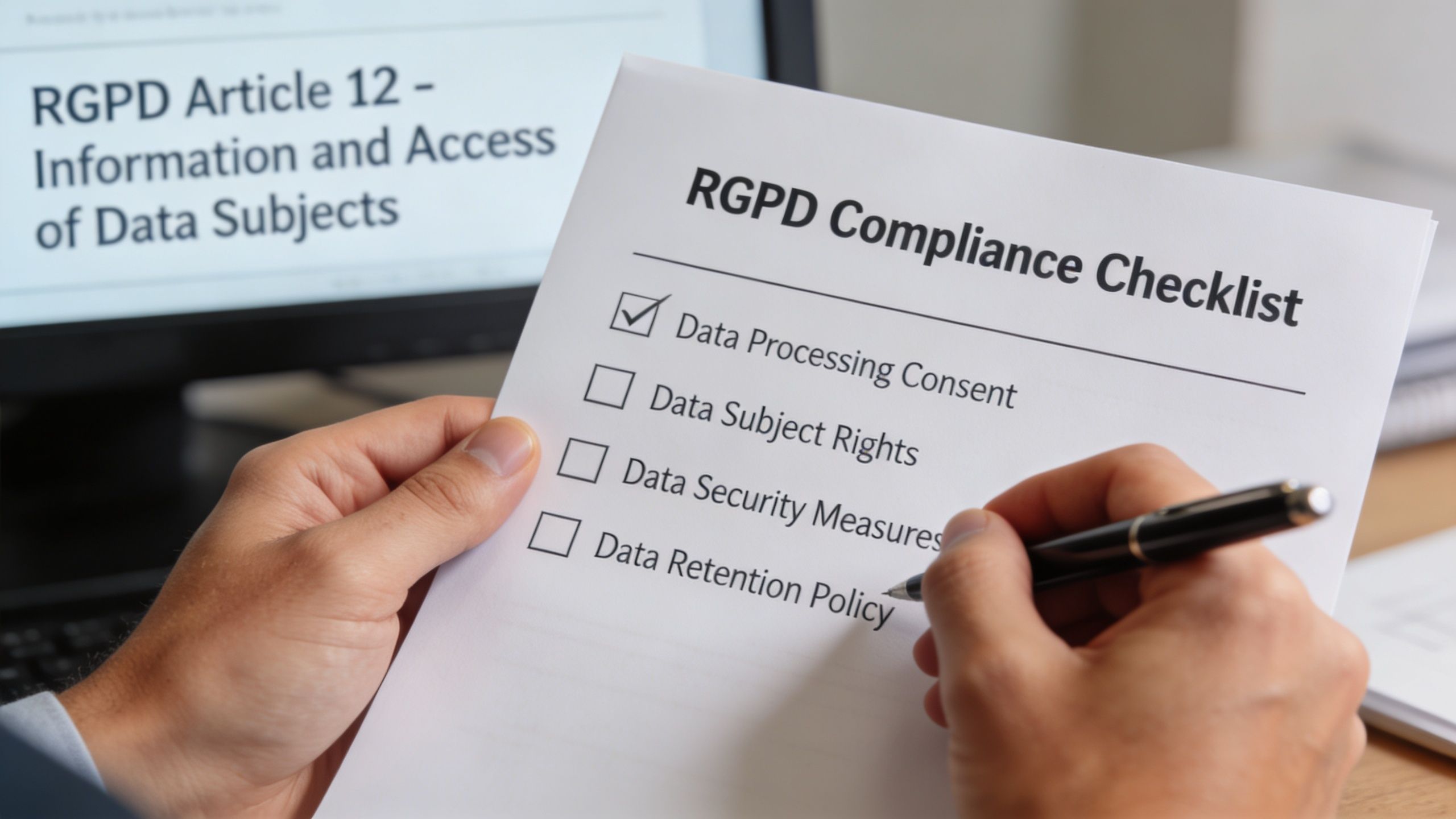 Une personne remplit une liste de contrôle de conformité RGPD sur un document papier dans un bureau.