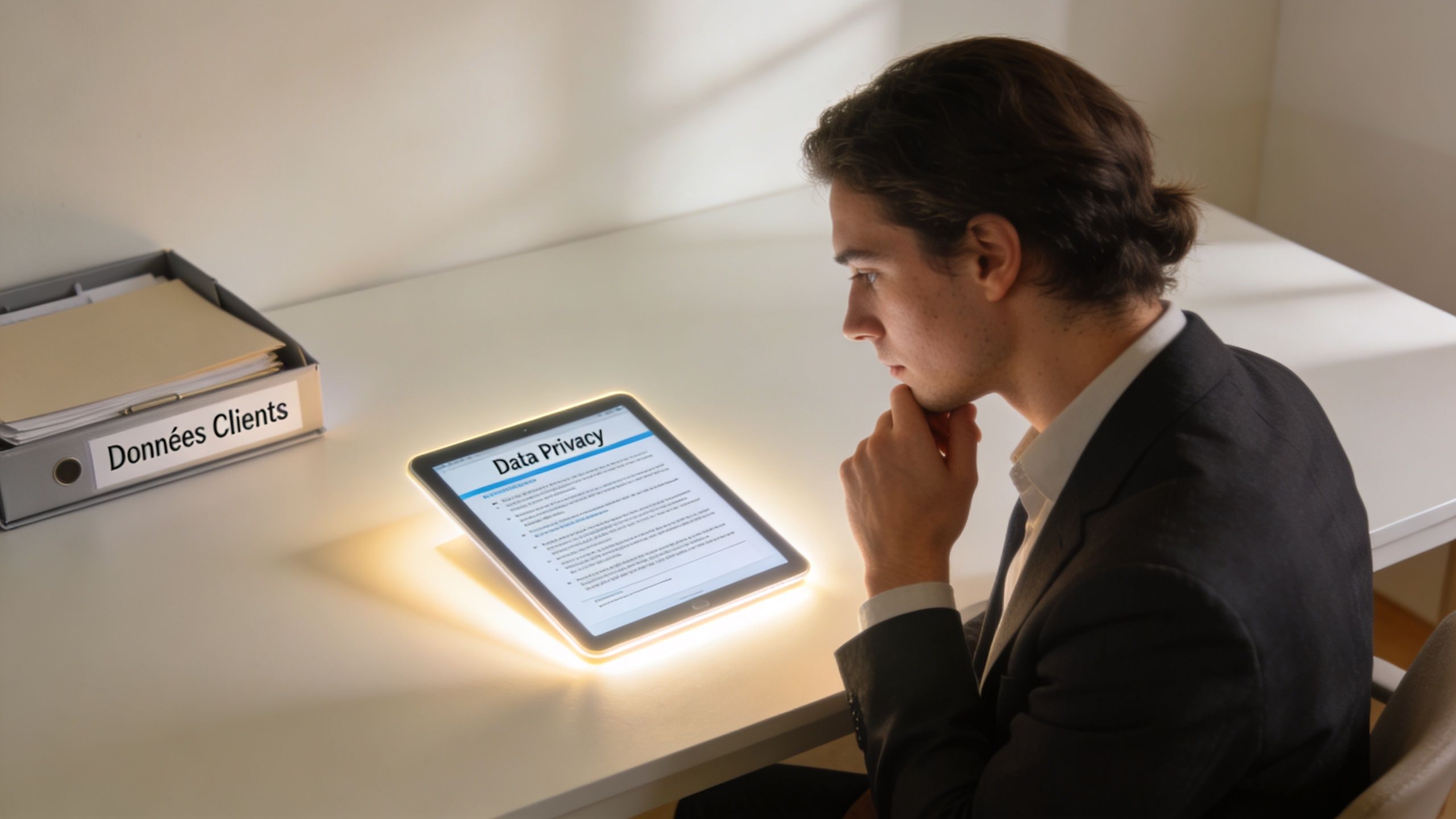 Un jeune homme en costume lit un document sur la protection des données sur une tablette numérique.