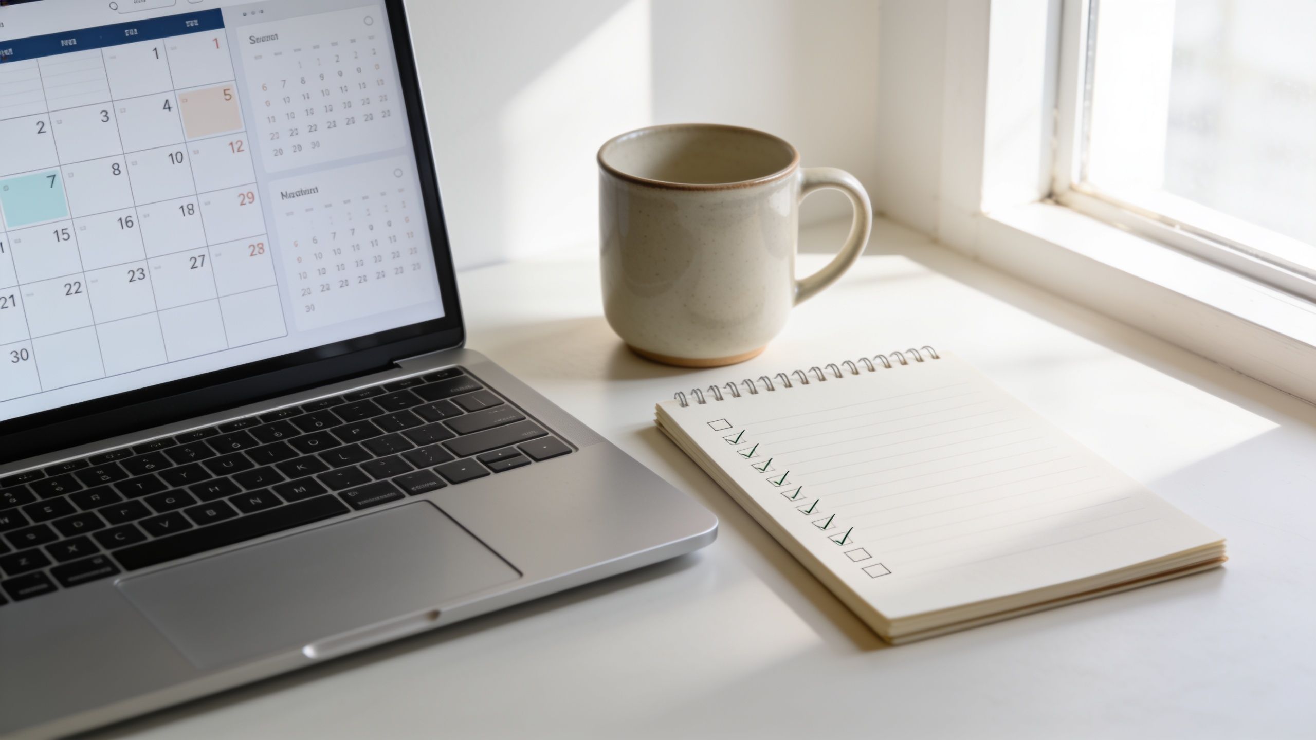 Un ordinateur portable affichant un calendrier, une tasse de café et un carnet avec des cases à cocher.