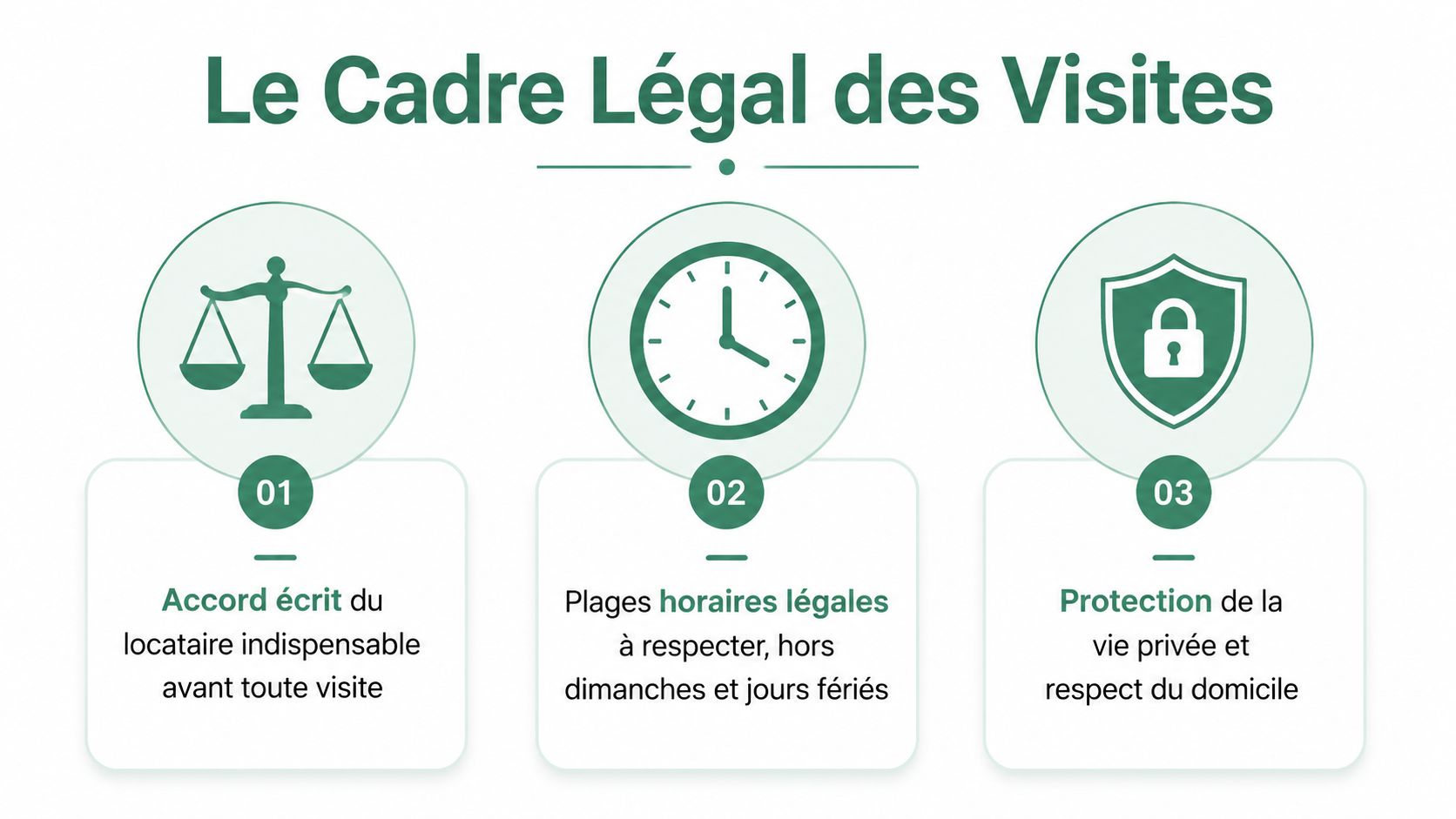 Infographie illustrant le cadre légal des visites de logement occupé par un locataire en trois points clés.