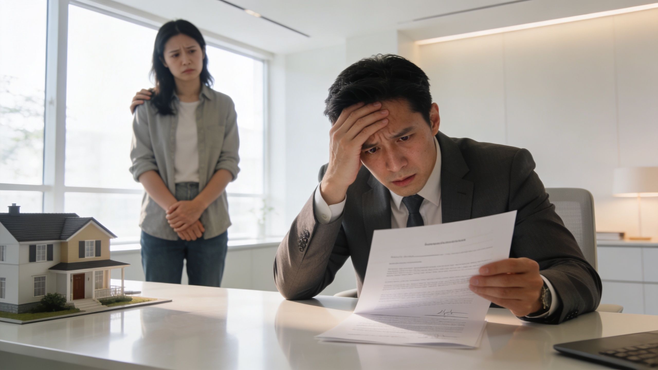 Un homme d'affaires stressé examine un document juridique près d'une maquette de maison, avec une femme inquiète derrière.