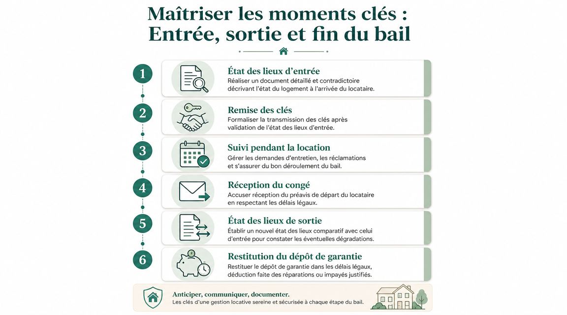Infographie montrant les six étapes clés de la gestion locative pour les propriétaires bailleurs en France.